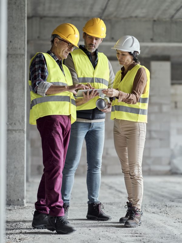 Three caucasian engineers discussing together on the construction site